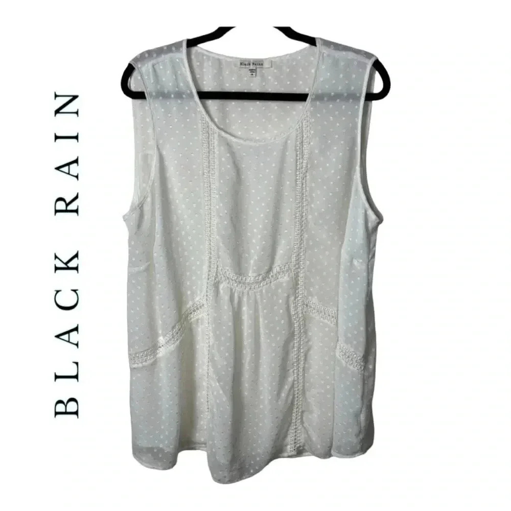 0859. BLACK RAIN WHITE‎ SLEEVELESS TOP SWISS DOTS DETAIL WITH CROCHET FRONT